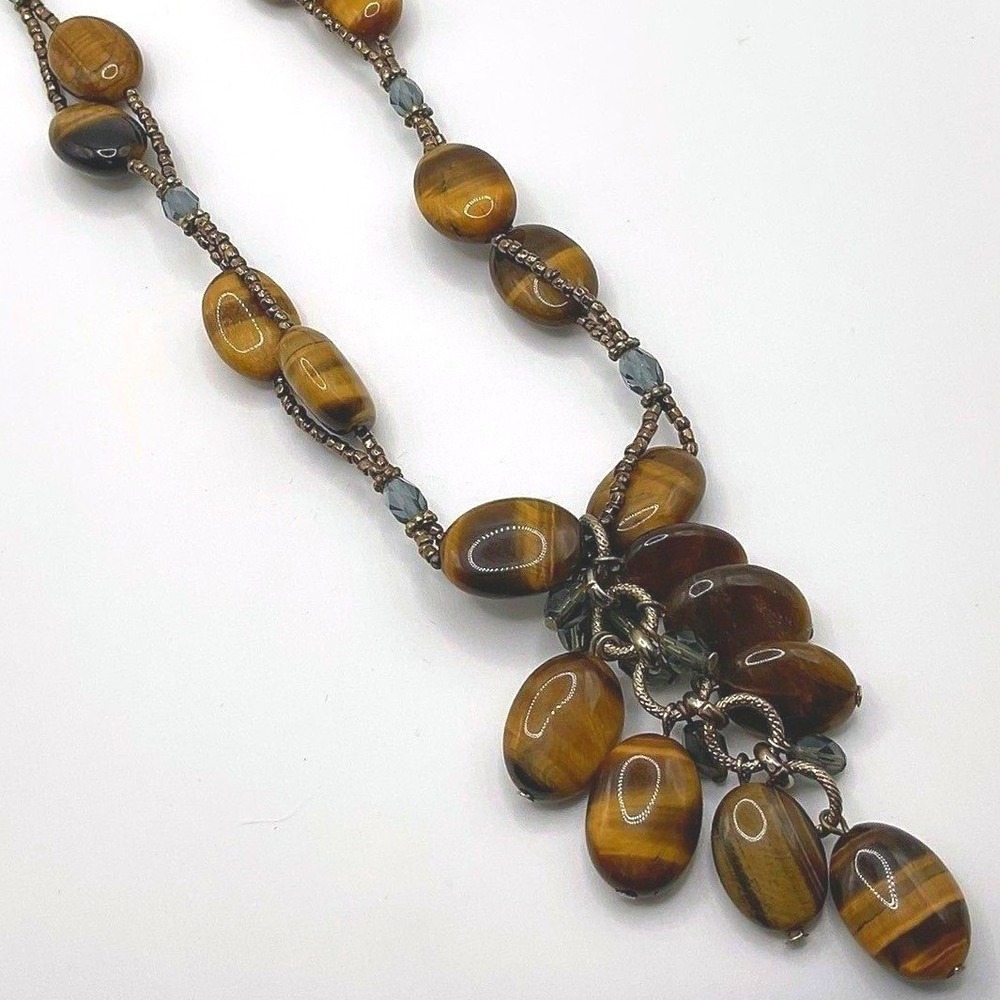 Tiger Eye Necklace Y-Drop Signed by Grace Artisan Adjustable 16 - 18 Inch
